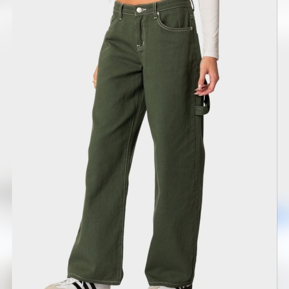 Edikted Brenda Low Rise Carpenter  Olive Green Denim jeans Size Xs NwT. - Picture 1 of 9